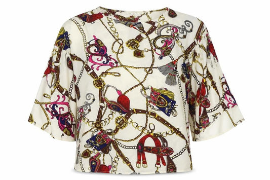 Urban mist Womens Multicoloured Geometric Viscose Basic Blouse Size M Round Neck
