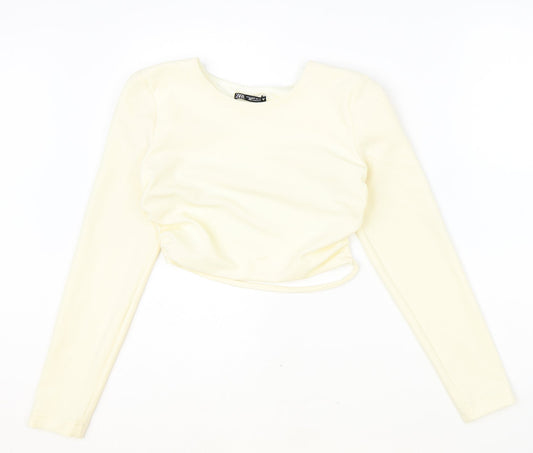 Zara Womens Ivory Polyester Cropped Blouse Size M Scoop Neck