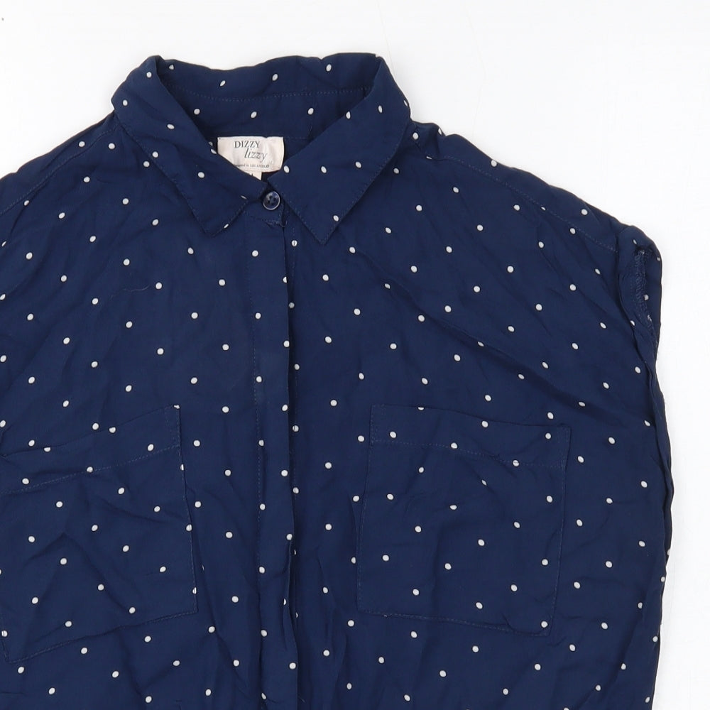 Dizzy izzy Womens Blue Polka Dot Viscose Basic Button-Up Size M Collared - Knot Front