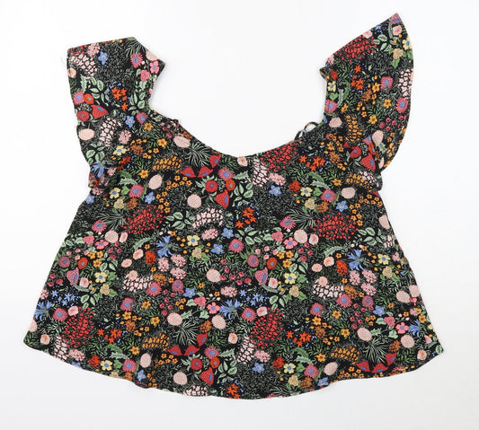 Topshop Womens Black Floral Polyester Cropped Blouse Size 10 Boat Neck
