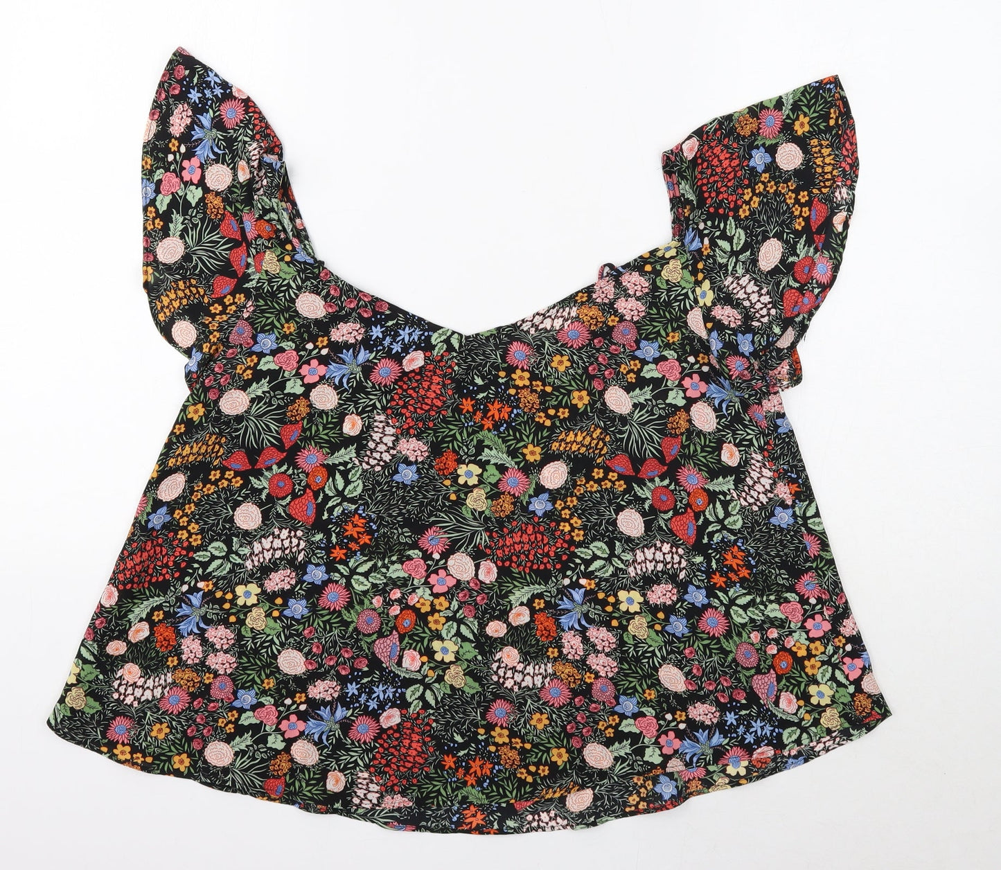 Topshop Womens Black Floral Polyester Cropped Blouse Size 10 Boat Neck