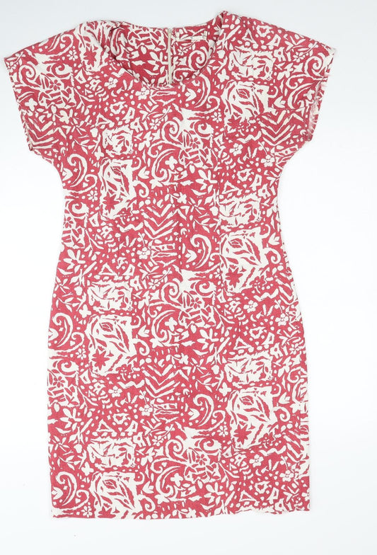 Preworn Womens Red Geometric Viscose Sheath Size 12 Scoop Neck Zip