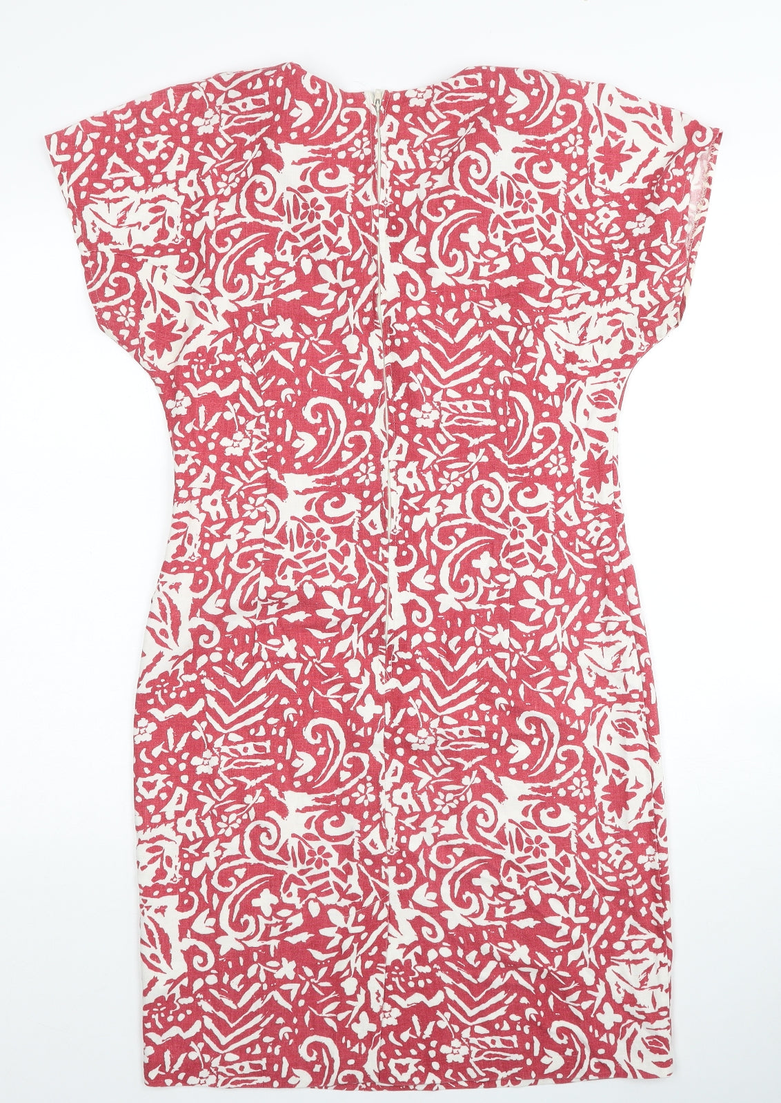 Preworn Womens Red Geometric Viscose Sheath Size 12 Scoop Neck Zip