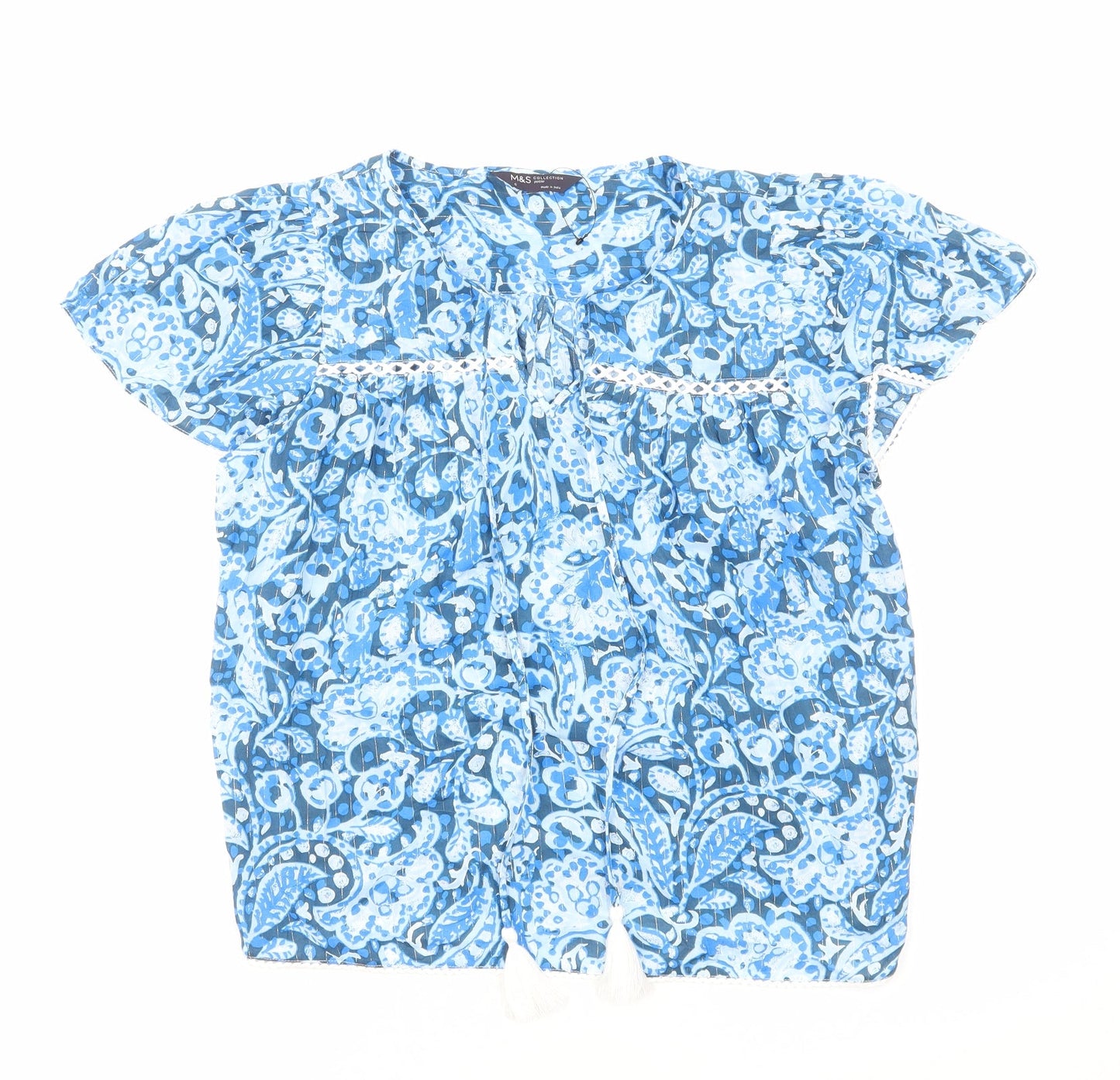 Marks and Spencer Womens Blue Floral Cotton Basic Blouse Size 6 Scoop Neck - Tie Neck Detail