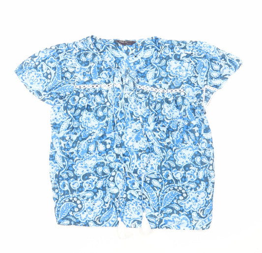 Marks and Spencer Womens Blue Floral Cotton Basic Blouse Size 6 Scoop Neck - Tie Neck Detail
