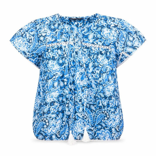 Marks and Spencer Womens Blue Floral Cotton Basic Blouse Size 6 Scoop Neck - Tie Neck Detail