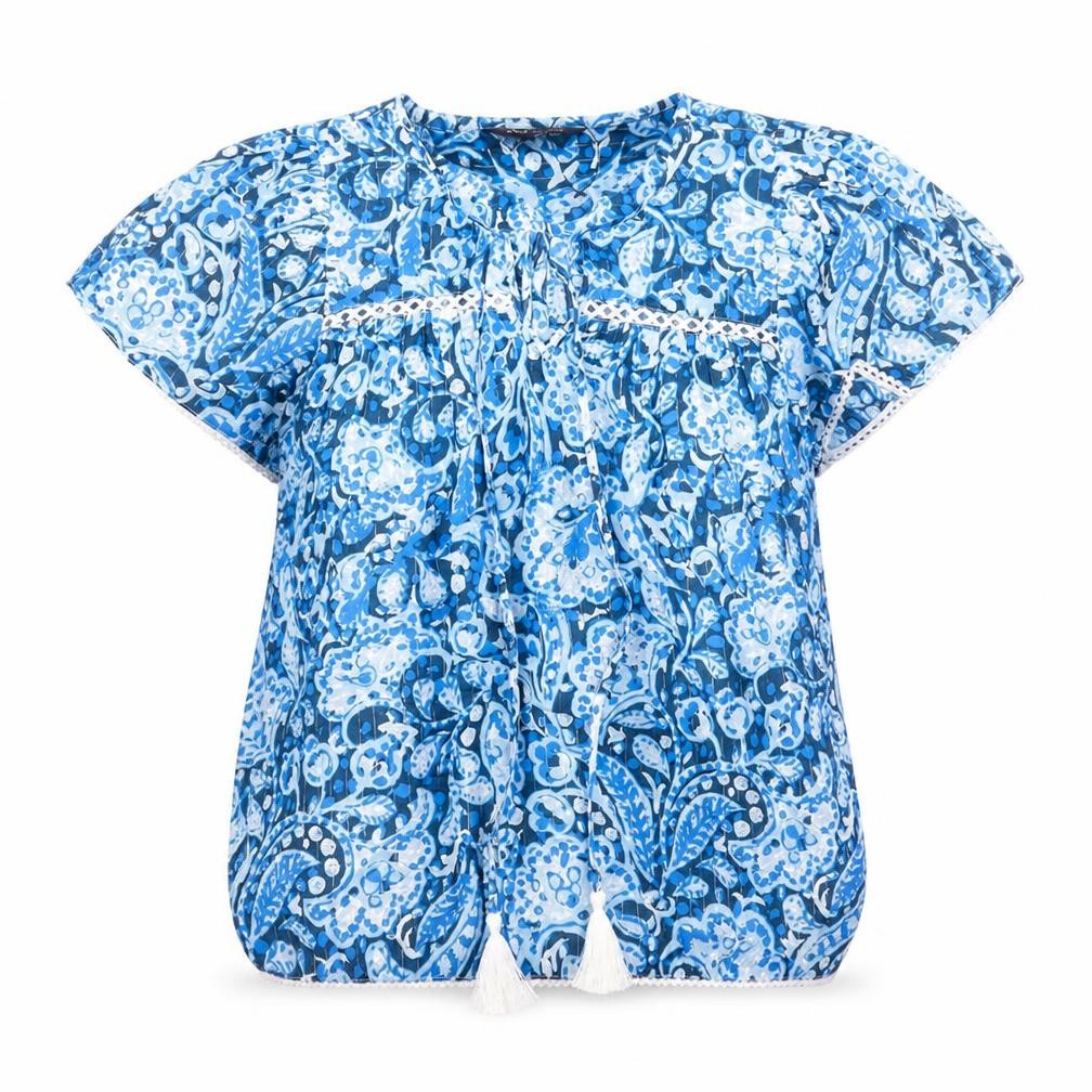 Marks & Spencer Womens Blue Floral Cotton Basic Blouse Size 6 Scoop Neck - Tie Neck Detail