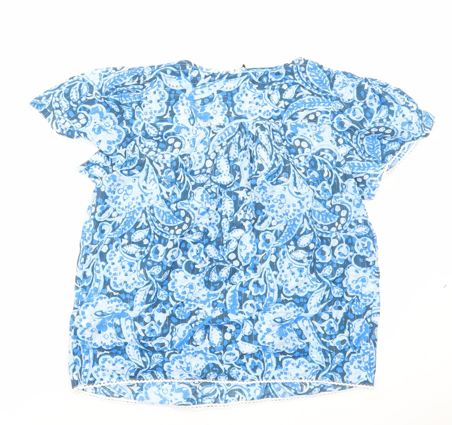 Marks and Spencer Womens Blue Floral Cotton Basic Blouse Size 6 Scoop Neck - Tie Neck Detail