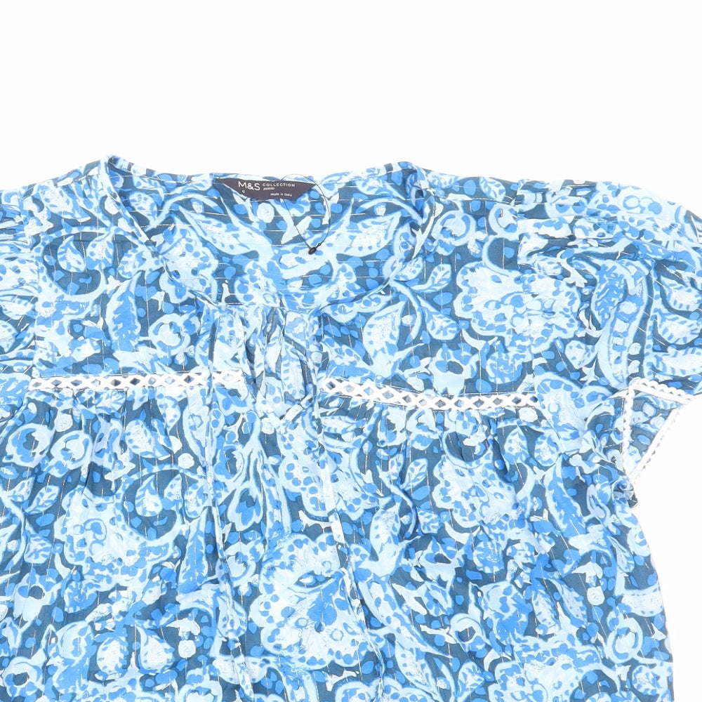 Marks and Spencer Womens Blue Floral Cotton Basic Blouse Size 6 Scoop Neck - Tie Neck Detail