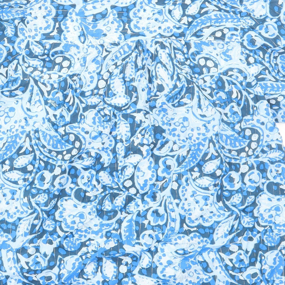 Marks and Spencer Womens Blue Floral Cotton Basic Blouse Size 6 Scoop Neck - Tie Neck Detail