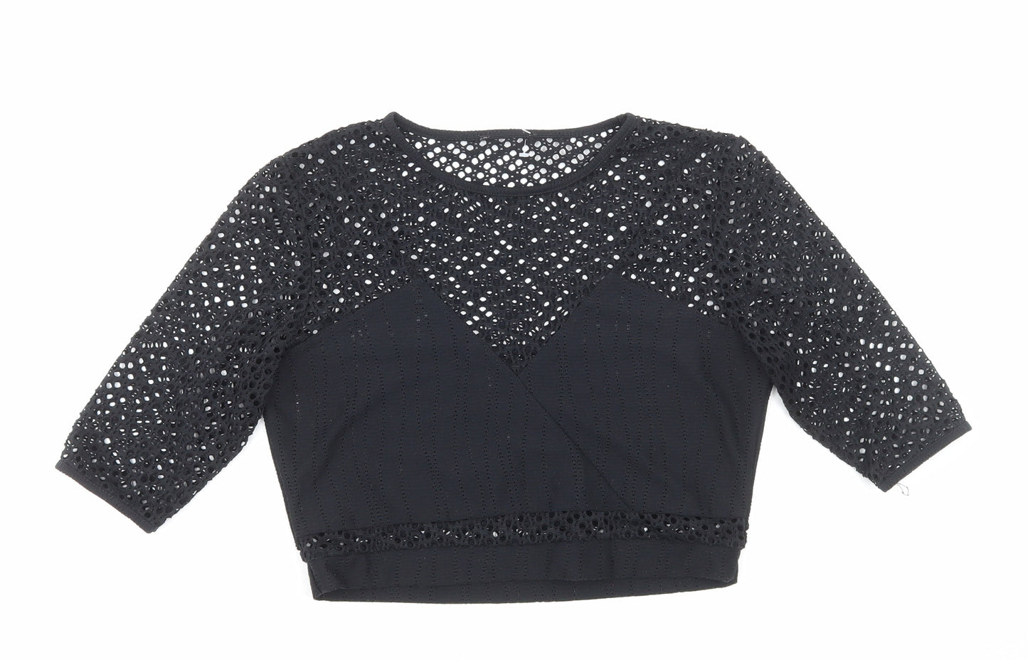 Preworn Womens Black Viscose Cropped Blouse Size 8 Round Neck