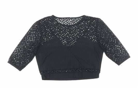 Preworn Womens Black Viscose Cropped Blouse Size 8 Round Neck