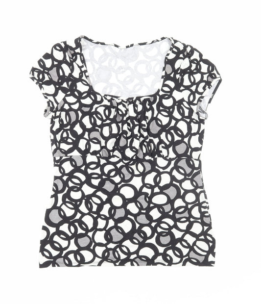 Preworn Womens Black Geometric Viscose Basic T-Shirt Size M Scoop Neck