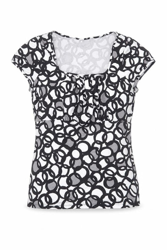 Preworn Womens Black Geometric Viscose Basic T-Shirt Size M Scoop Neck