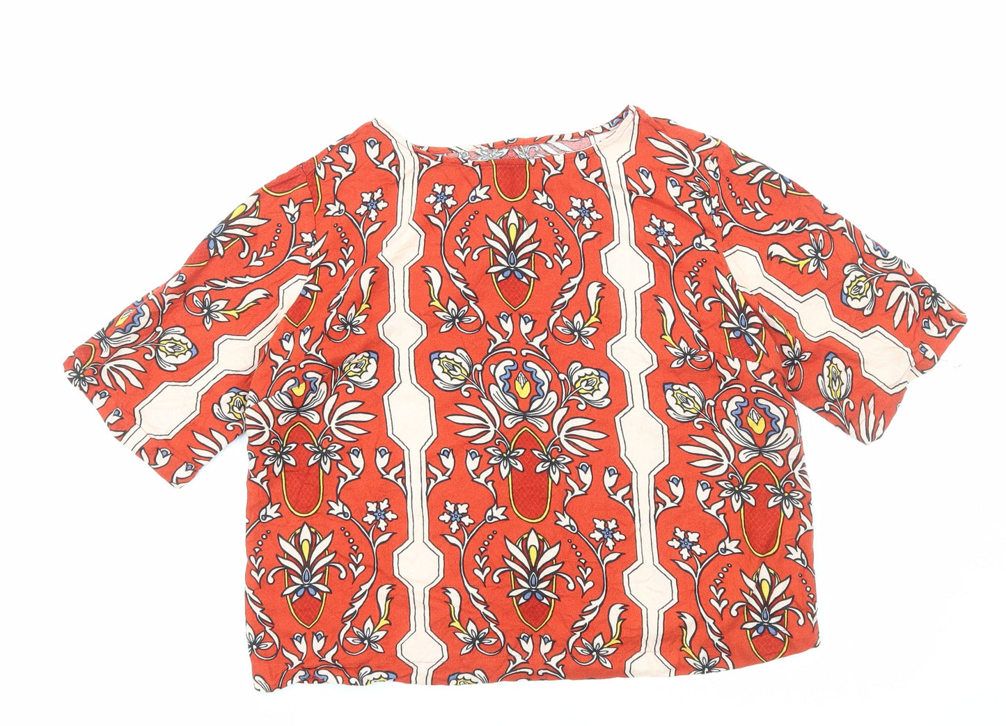 Preworn Womens Orange Geometric Viscose Basic T-Shirt Size M Round Neck