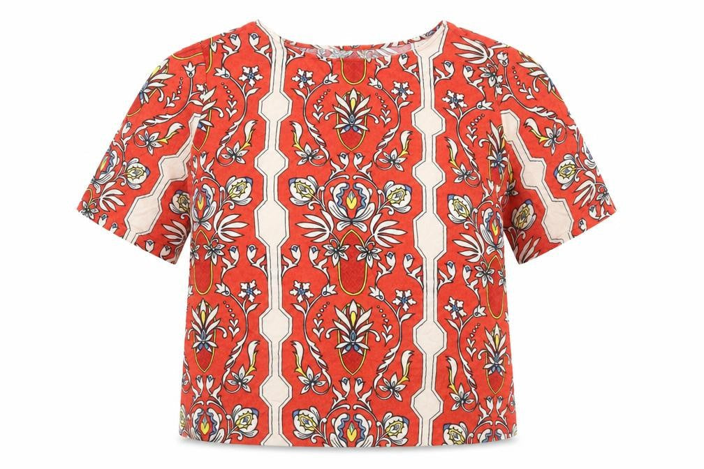 Preworn Womens Orange Geometric Viscose Basic T-Shirt Size M Round Neck