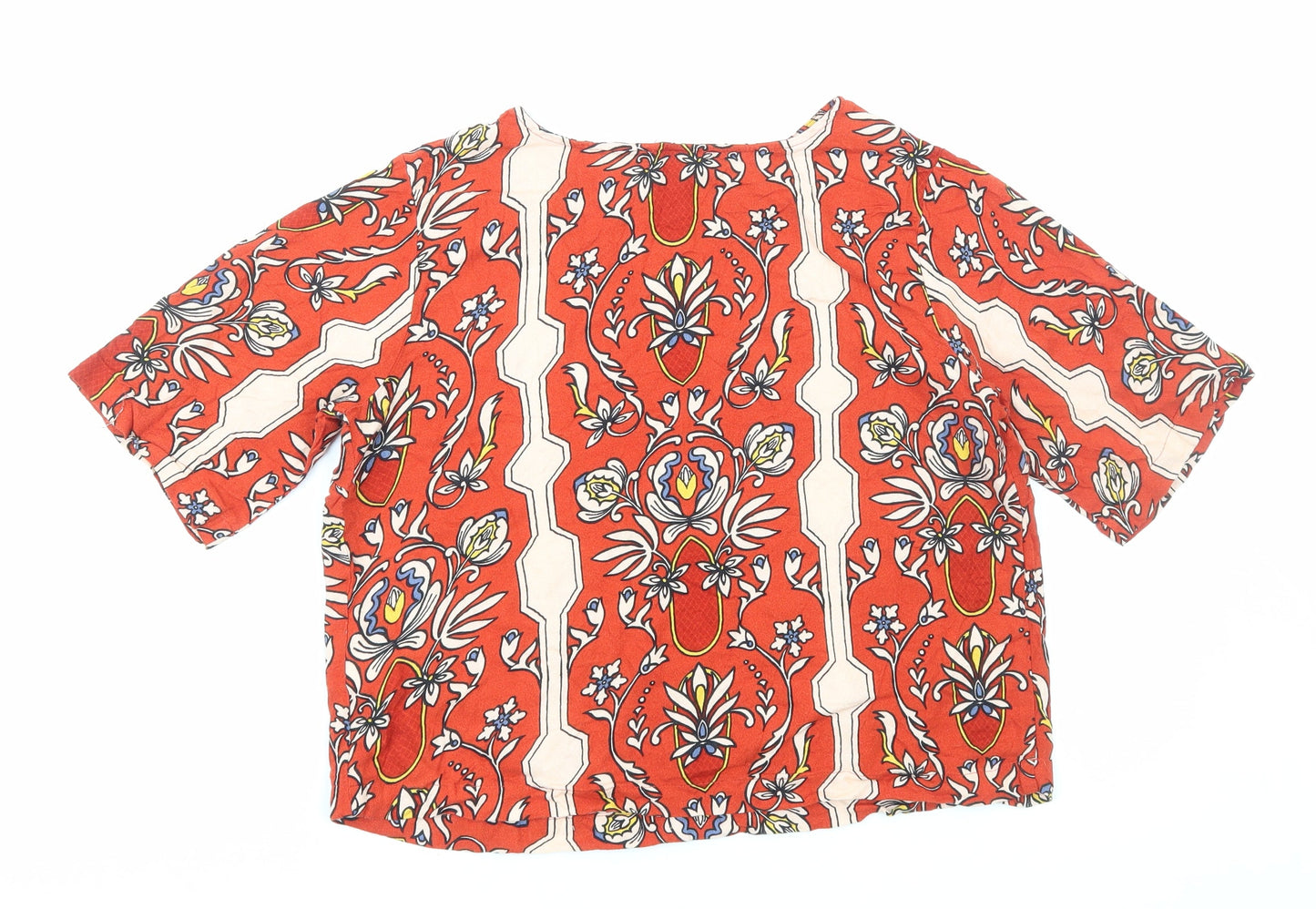 Preworn Womens Orange Geometric Viscose Basic T-Shirt Size M Round Neck