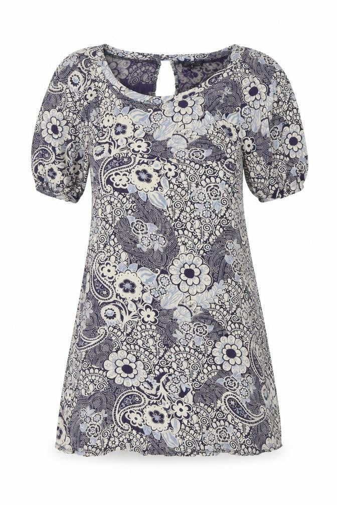 Warehouse Womens Blue Floral Cotton Shift Size 12 Boat Neck Pullover