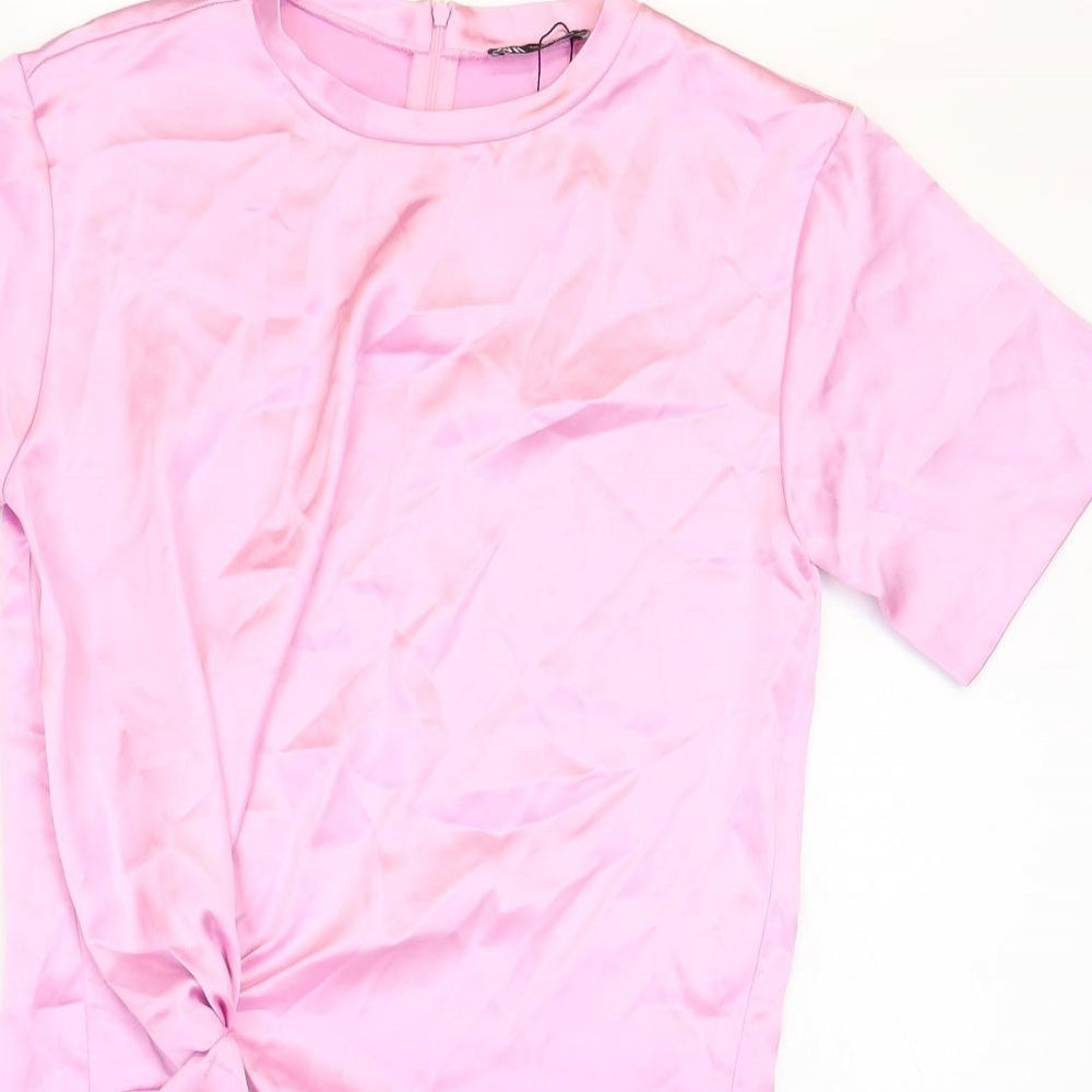 Zara Womens Pink Polyester T-Shirt Dress Size S Crew Neck Zip - Twist Detail