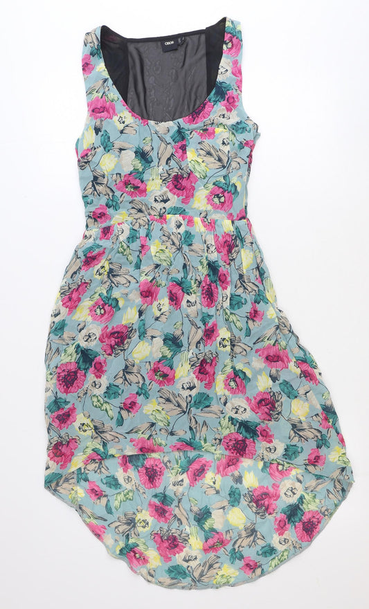 ASOS Womens Blue Floral Viscose A-Line Size 8 Scoop Neck Zip
