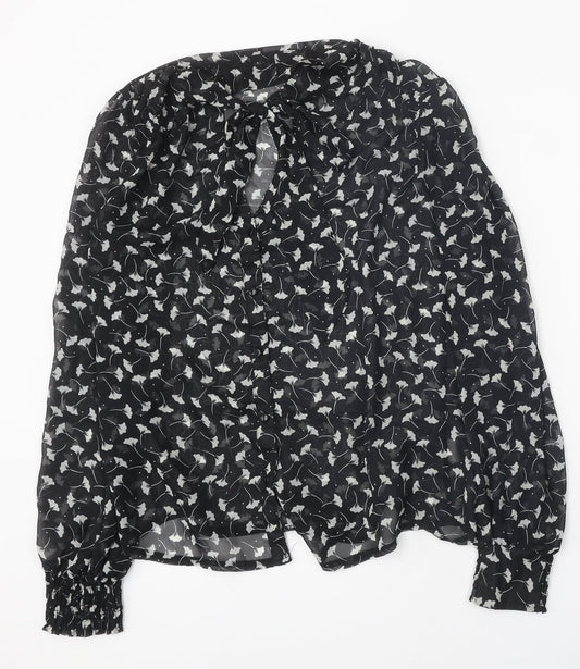 Atmosphere Womens Black Geometric Polyester Basic Button-Up Size 10 V-Neck