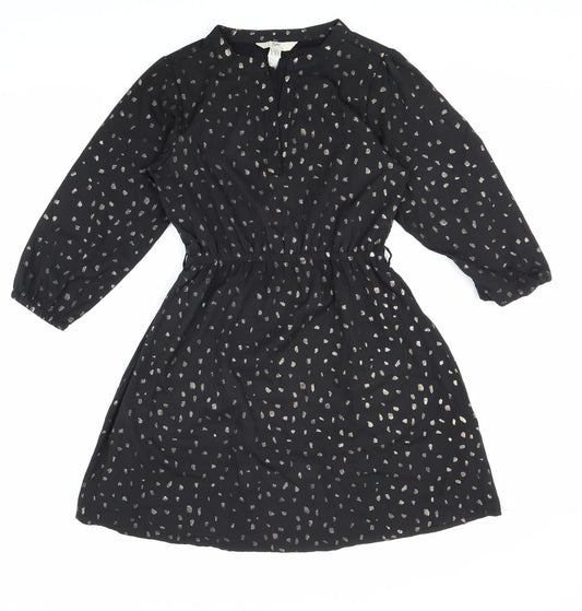 Yumi Womens Black Geometric Polyester Shirt Dress Size 6 V-Neck Pullover