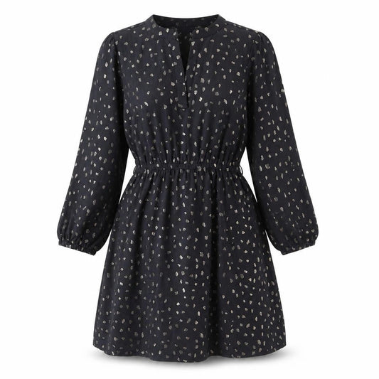 Yumi Womens Black Geometric Polyester Shirt Dress Size 6 V-Neck Pullover