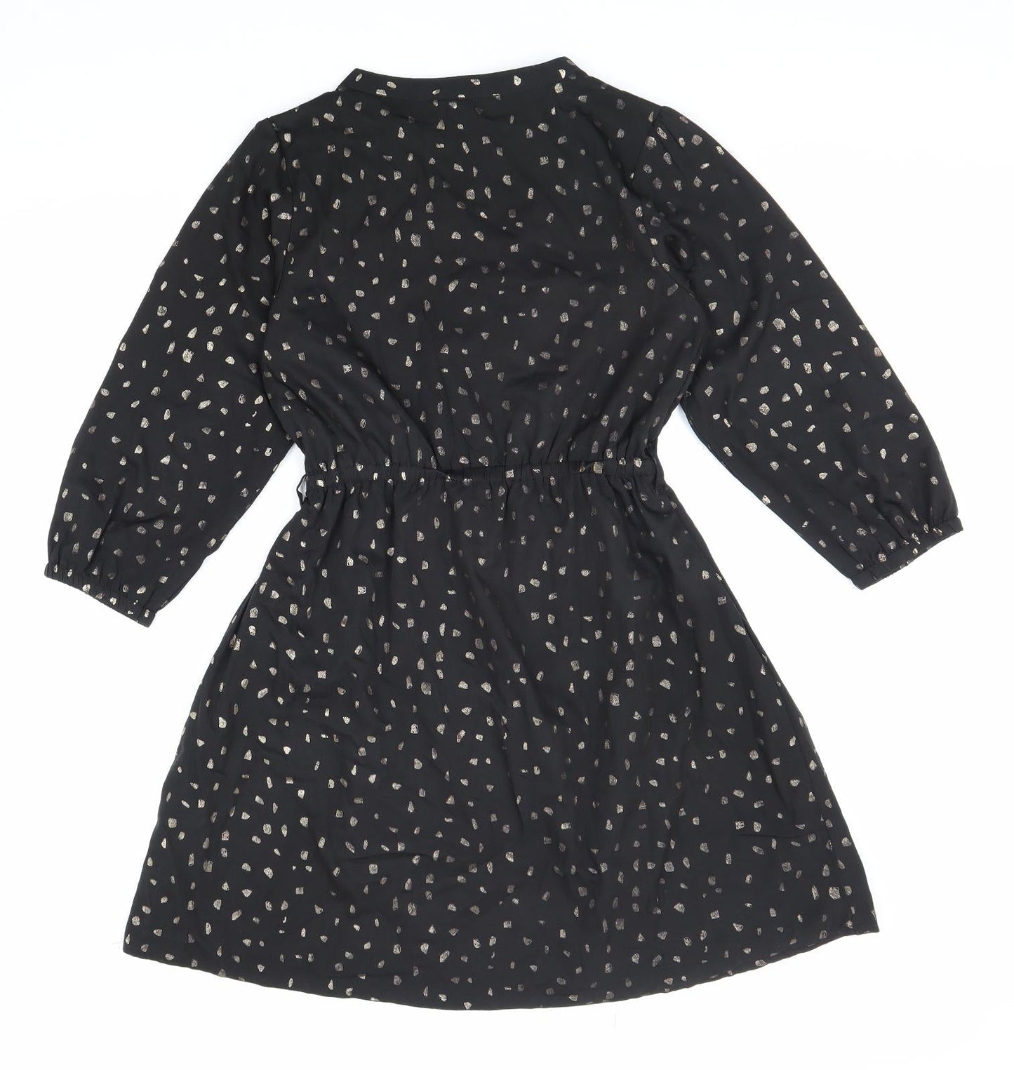 Yumi Womens Black Geometric Polyester Shirt Dress Size 6 V-Neck Pullover
