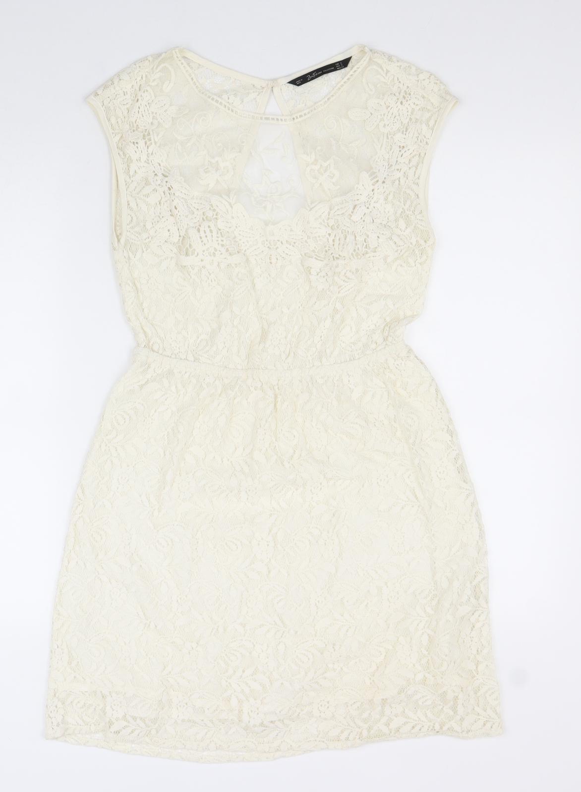 Zara Womens White Cotton Pencil Dress Size S Round Neck Button