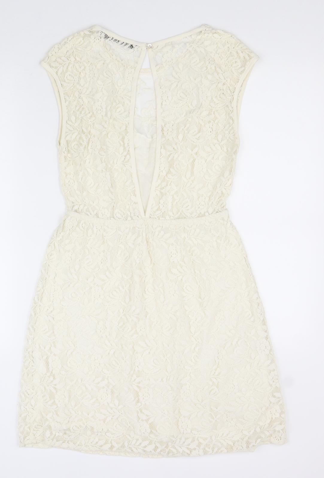 Zara Womens White Cotton Pencil Dress Size S Round Neck Button