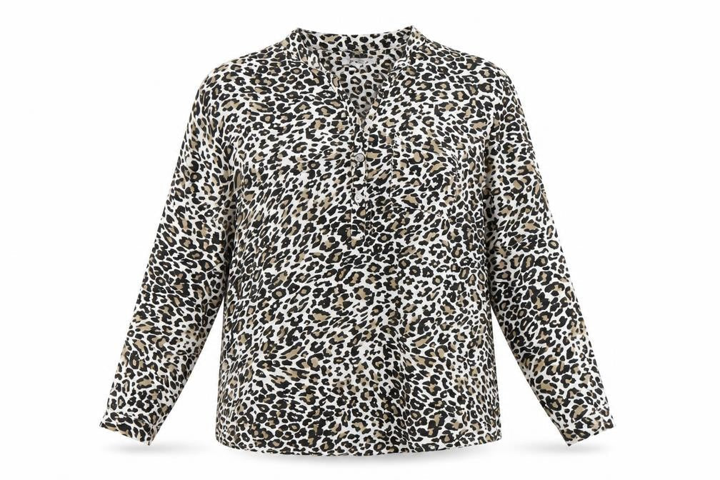Alexara Womens Brown Animal Print Viscose Basic Blouse Size L V-Neck - Leopard Print