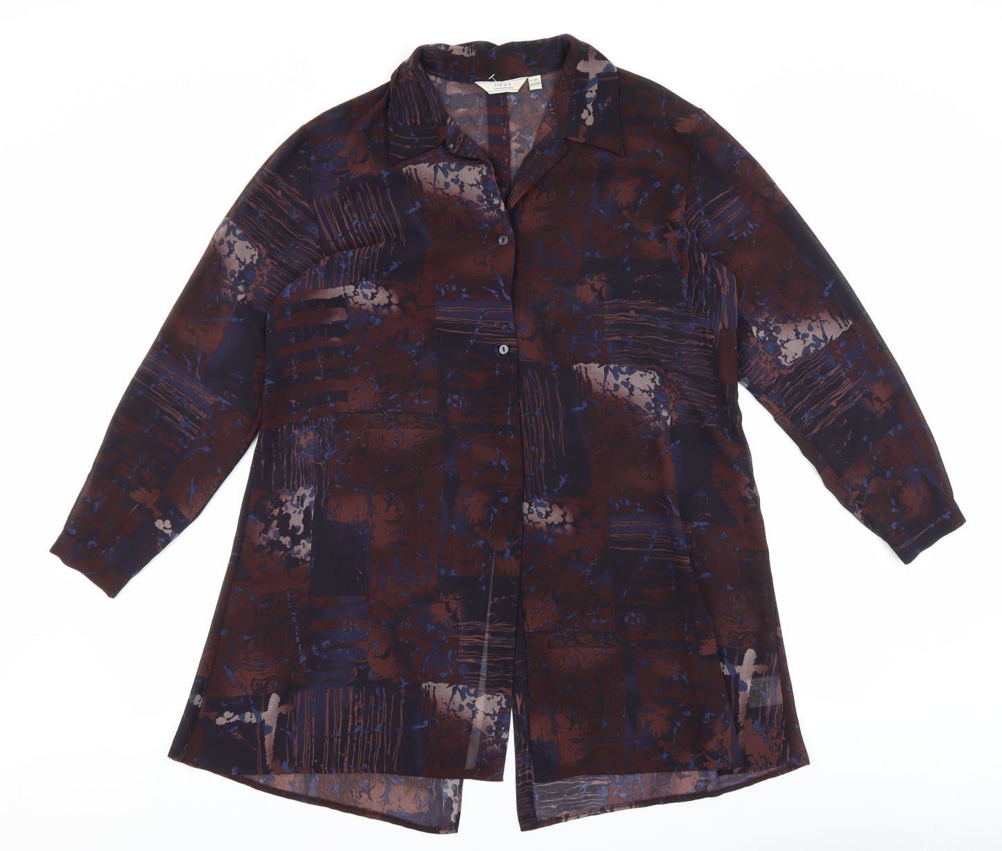 NEXT Womens Brown Geometric Polyester Basic Button-Up Size M V-Neck