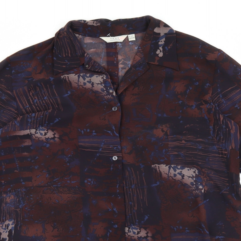 NEXT Womens Brown Geometric Polyester Basic Button-Up Size M V-Neck