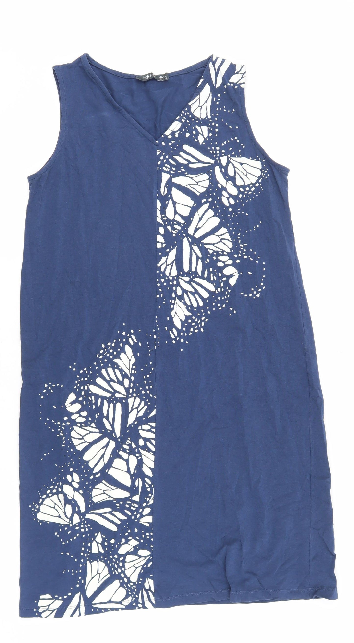 Ikiler Womens Blue Geometric 100% Cotton Shift Size L V-Neck Pullover