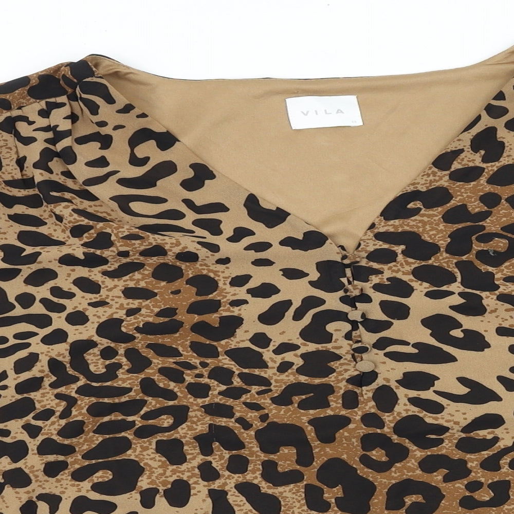 VILA Womens Brown Animal Print Polyester Basic T-Shirt Size 14 V-Neck - Leopard Print