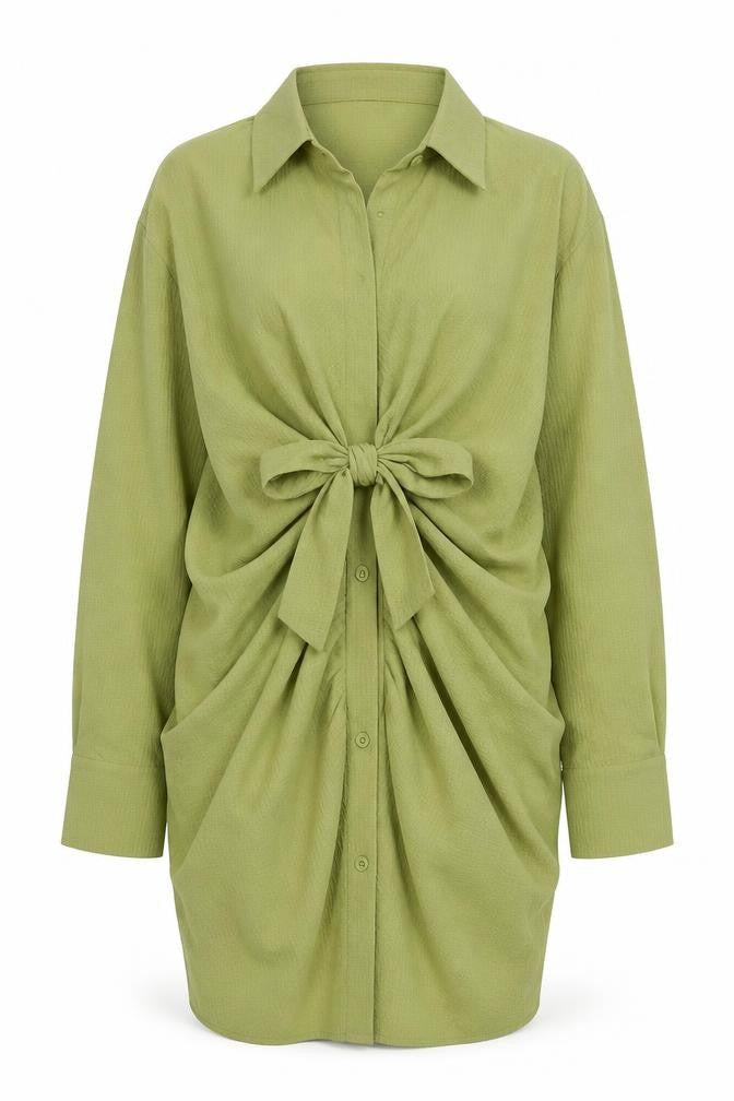 Preworn Womens Green Polyester Shirt Dress Size 8 Collared Button - Tie Front