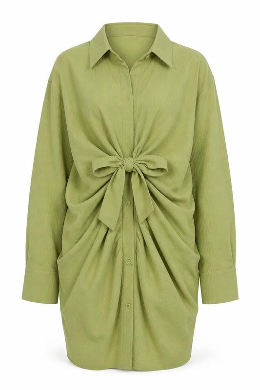 Womens Green Polyester Shirt Dress Size 8 Collared Button - Tie Front