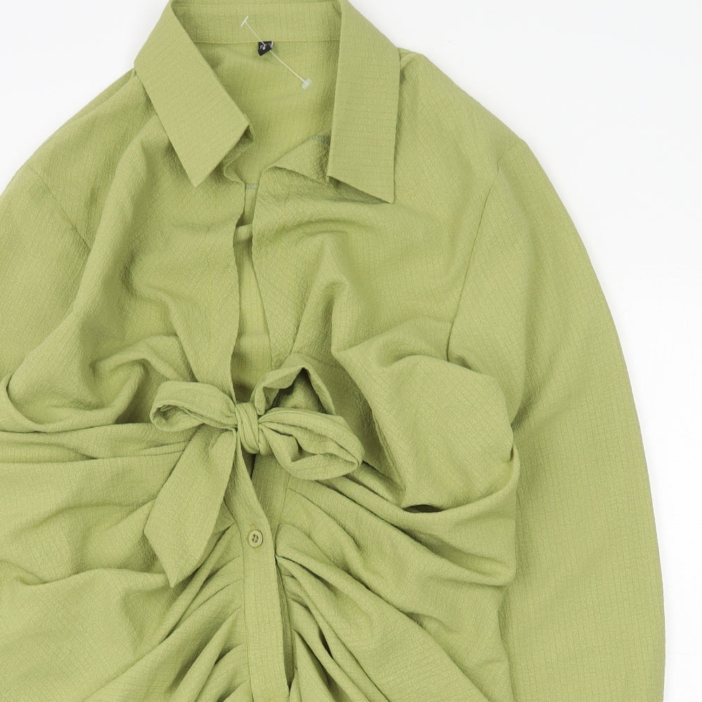 Preworn Womens Green Polyester Shirt Dress Size 8 Collared Button - Tie Front
