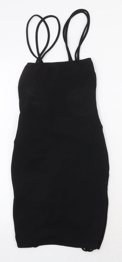 PRETTYLITTLETHING Womens Black Polyester Bodycon Size 6 Square Neck Tie
