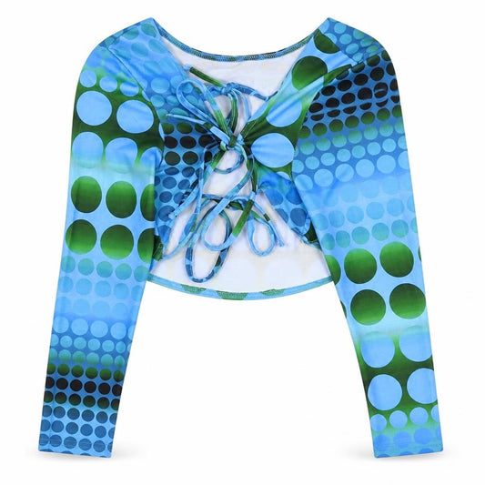 PRETTYLITTLETHING Womens Blue Geometric Polyester Cropped T-Shirt Size 8 V-Neck