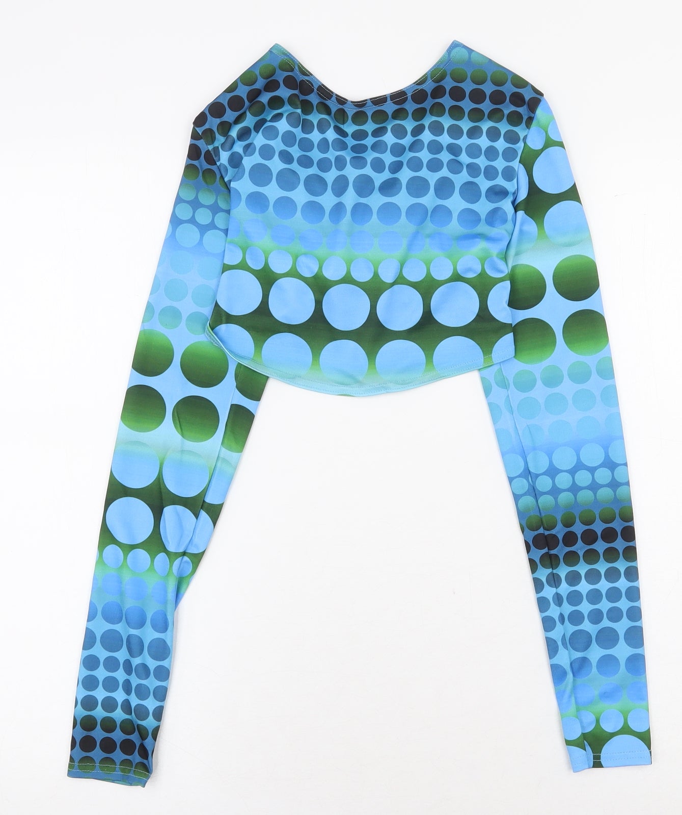 PRETTYLITTLETHING Womens Blue Geometric Polyester Cropped T-Shirt Size 8 V-Neck