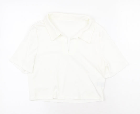 SheIn Womens White Cotton Cropped T-Shirt Size L Collared
