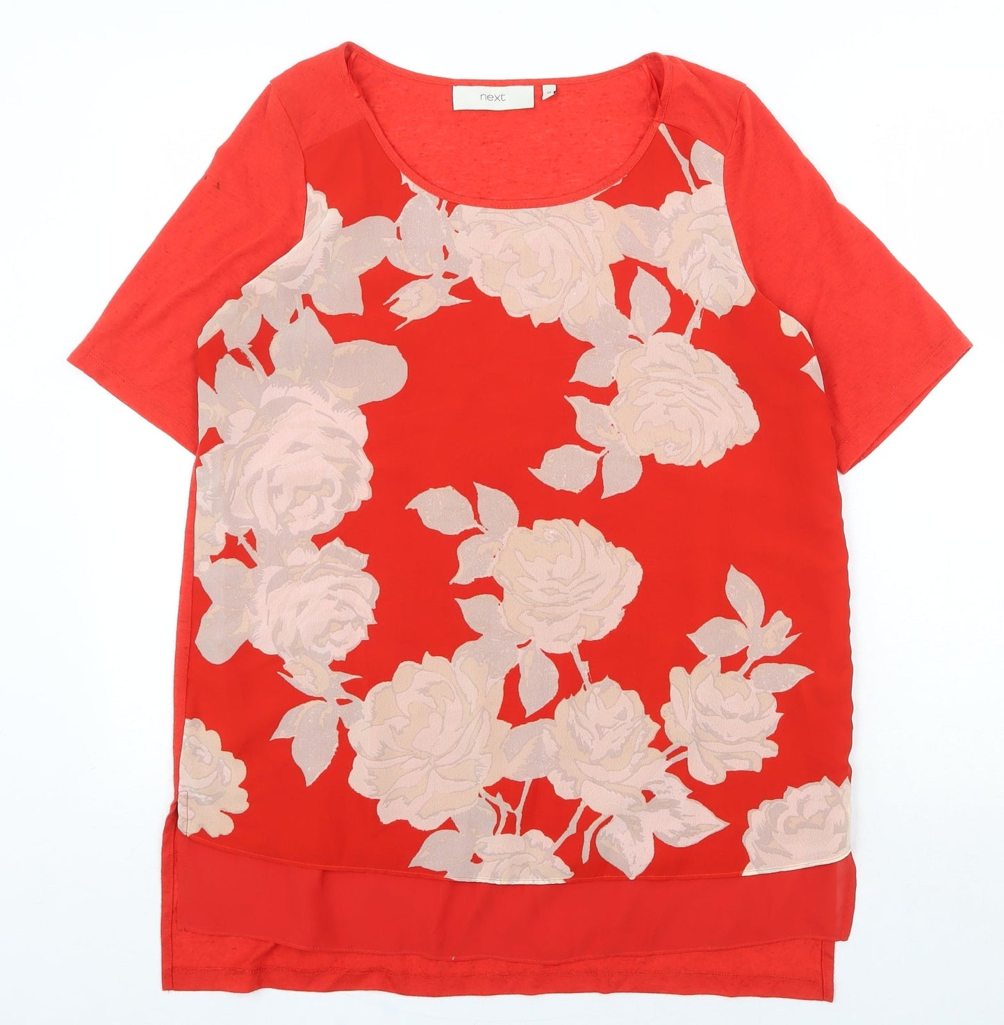 NEXT Womens Red Floral Polyester Basic T-Shirt Size 14 Scoop Neck