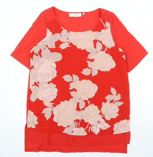 NEXT Womens Red Floral Polyester Basic T-Shirt Size 14 Scoop Neck