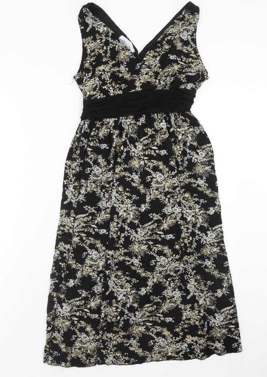 Body Heat Womens Black Floral Polyester A-Line Size 6 V-Neck Pullover
