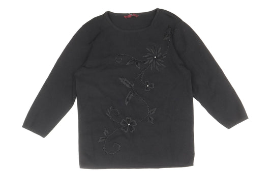 After Dark Womens Black Round Neck Floral Viscose Pullover Jumper Size S