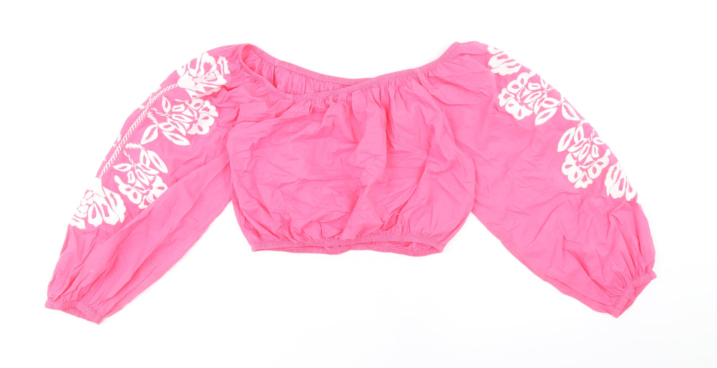 Marks and Spencer Womens Pink 100% Cotton Cropped Tank Size 12 Off the Shoulder - Flower Detail on Sleeves