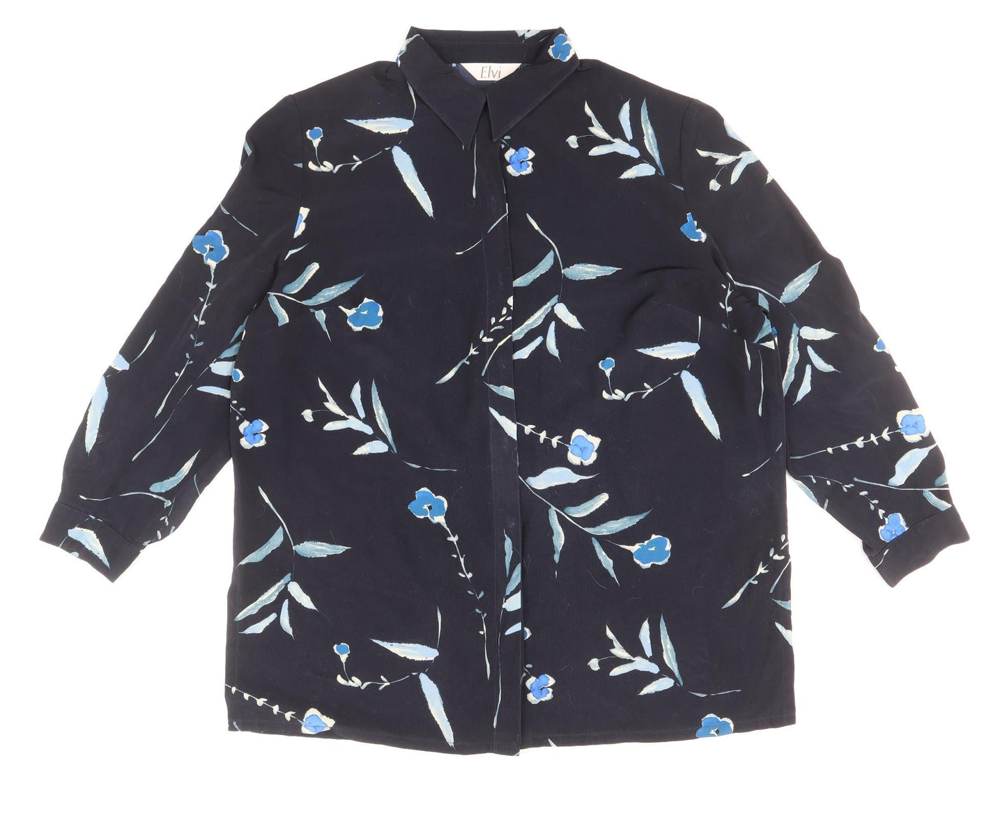 ELVI Womens Blue Floral Polyester Basic Button-Up Size 20 Collared