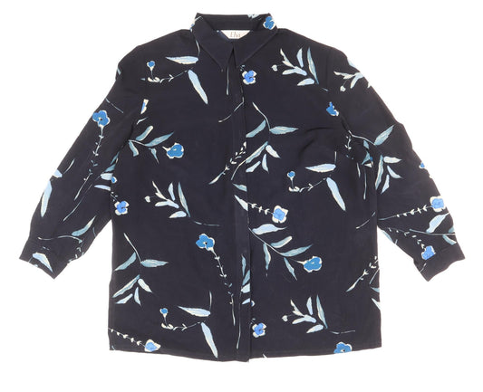 ELVI Womens Blue Floral Polyester Basic Button-Up Size 20 Collared