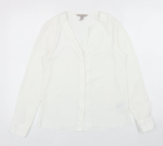 H&M Womens White Polyester Basic Button-Up Size 6 V-Neck